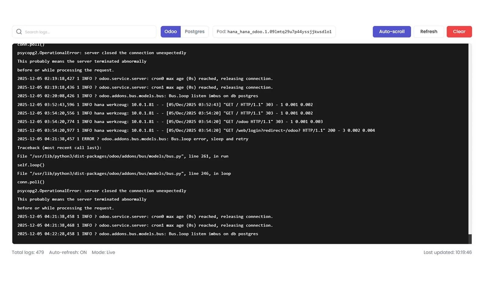 Screenshot: Activity and system logs