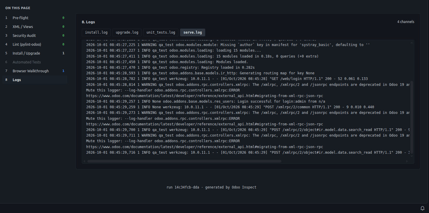 The server log inside a Module Reviewer report