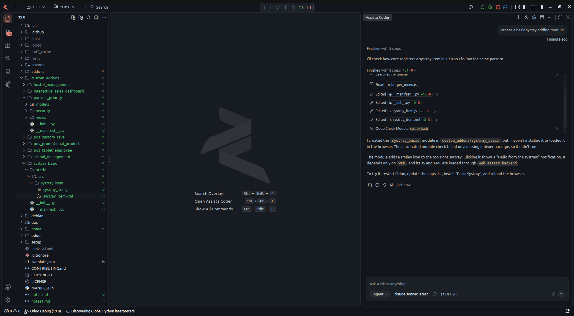 Assista Coder building an Odoo module from a one-line request