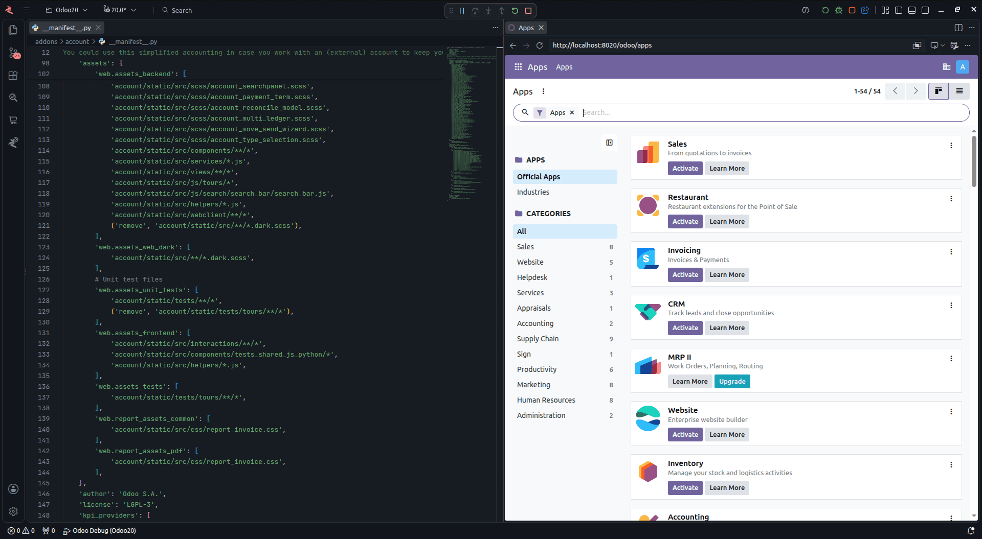 Odoo open in the built-in browser next to the code