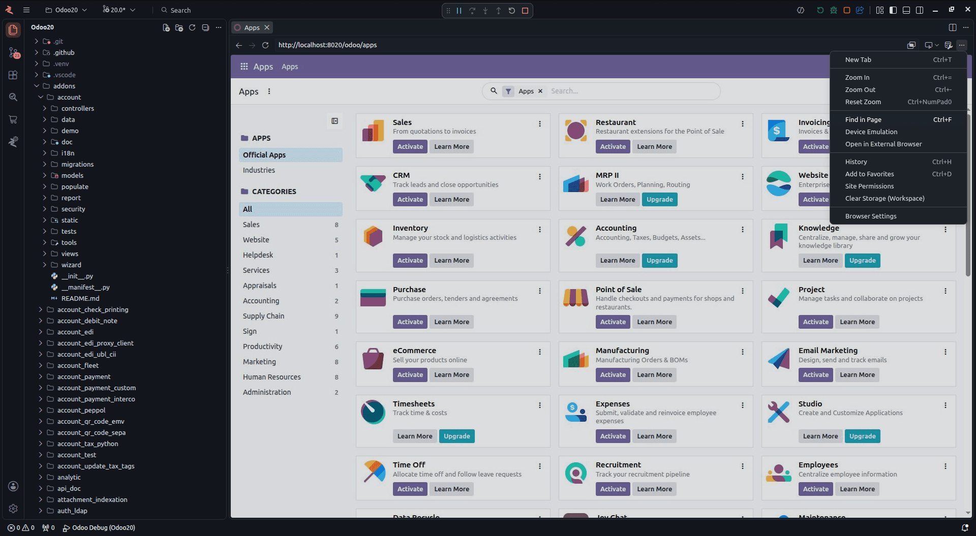 The browser menu: New Tab, Zoom, Find and Device Emulation