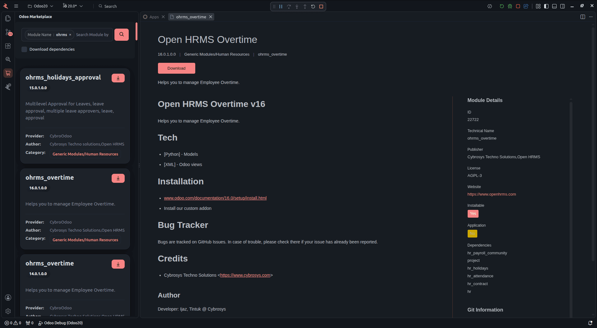 Searching for a module in the marketplace panel