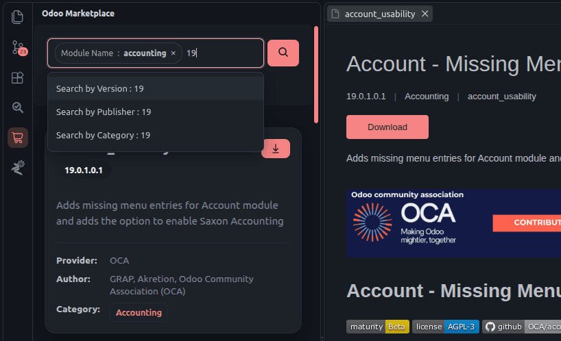The search box offering Version, Publisher and Category filters
