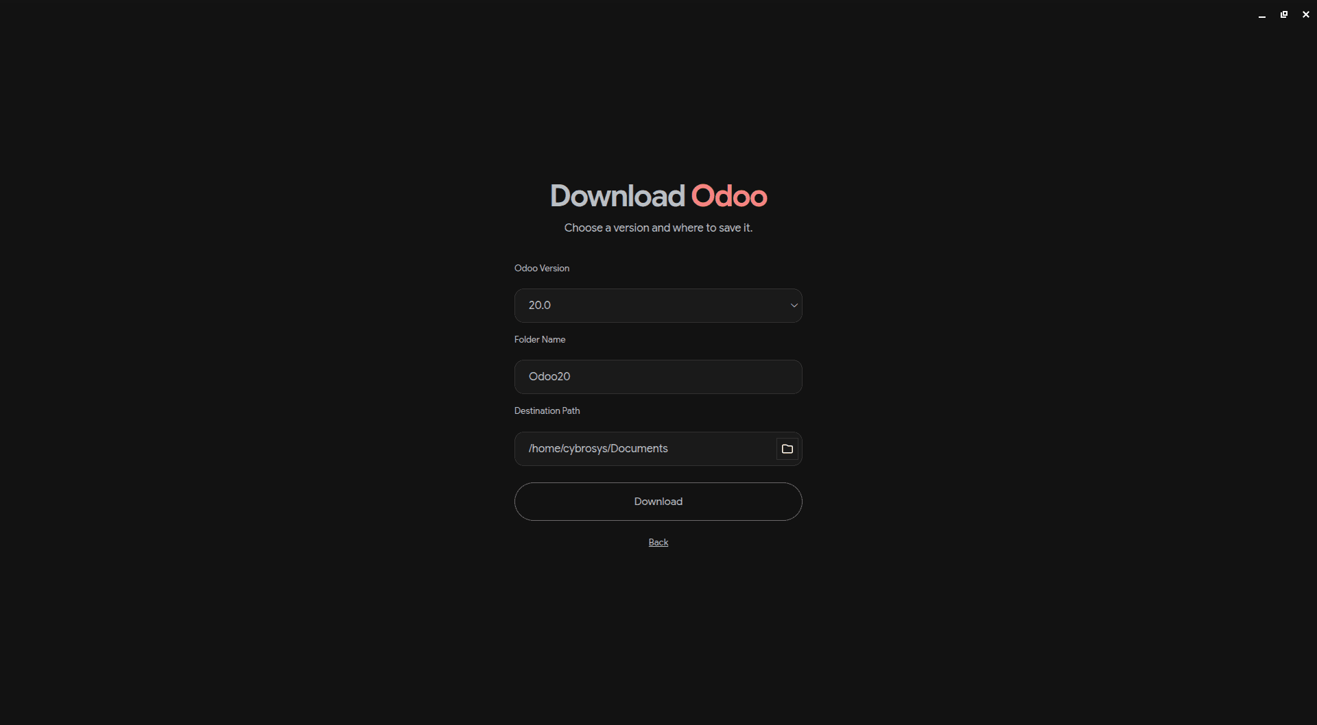 The Download Odoo form with a version picker