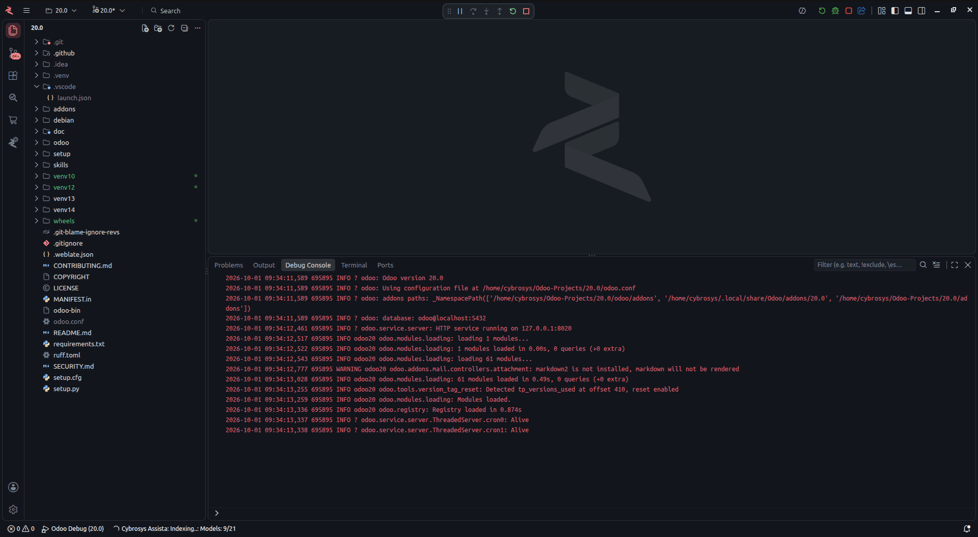 Odoo running with the debugger attached