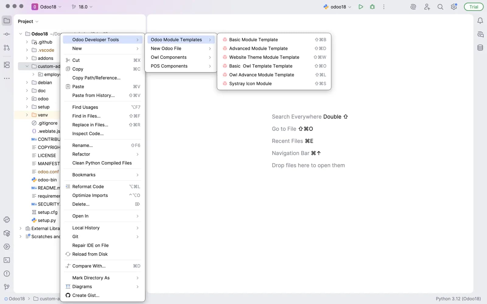 Screenshot: Assista Odoo Helper for PyCharm